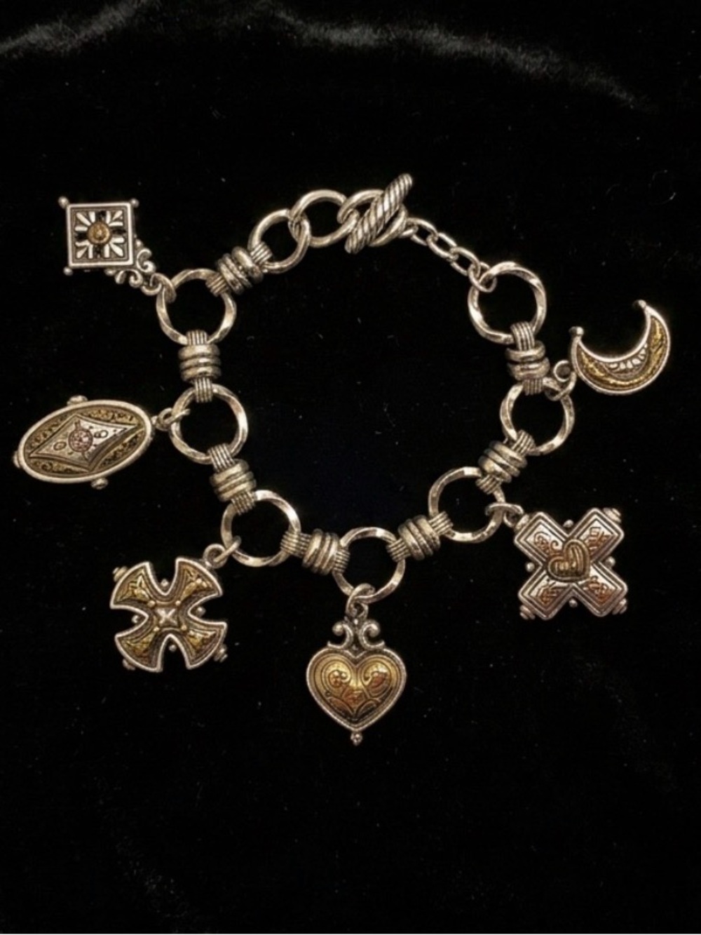 #310 Brighton “Cherish” Multiple Two-tone Cross, Moon, & Heart Charm Bracelet